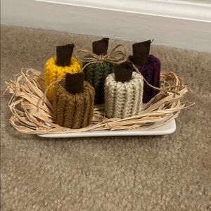 Rustic Knitted Pumpkin Set - Yellow, Green, Cream, Brown